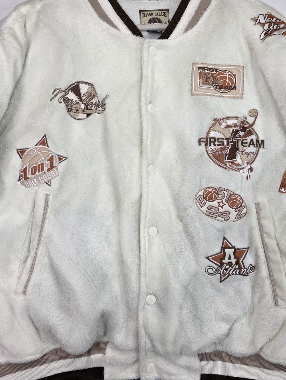 Raw Blue Classics Varsity Jacket 2XL Faux Fur Sherpa Bomber Y2K Basketball Patch - Picture 6 of 13